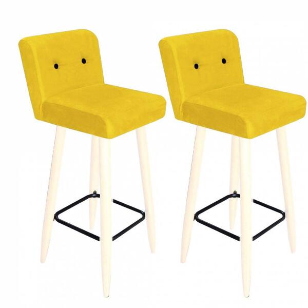 Kit 02 Banqueta Alta Branco Botão Preto Suede Amarelo