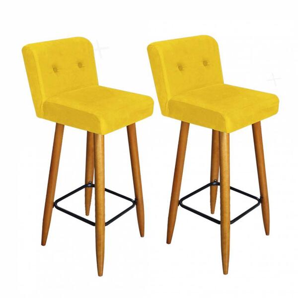 Kit 02 Banqueta Alta Castanho Botão Suede Amarelo