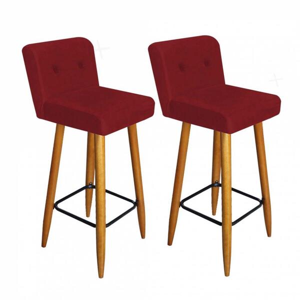 Kit 02 Banqueta Alta Castanho Botão Suede Vermelho