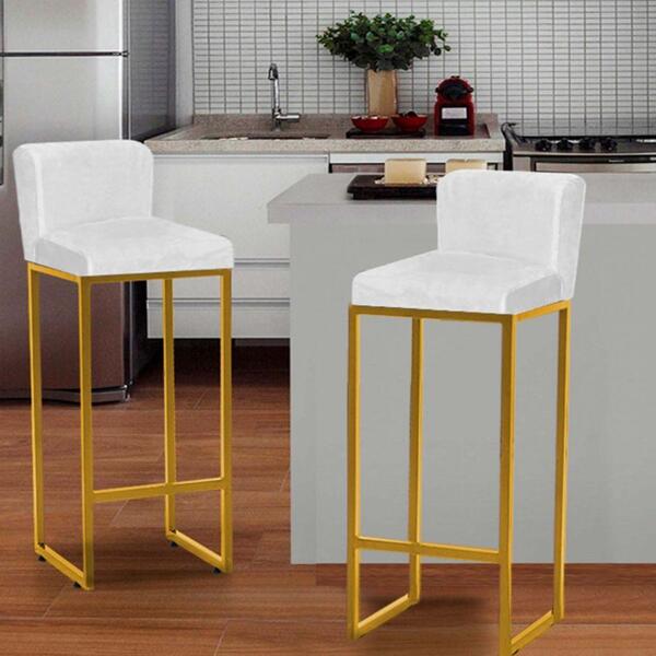 Kit 02 Banqueta Alta Com Encosto Dourado Corino Branco
