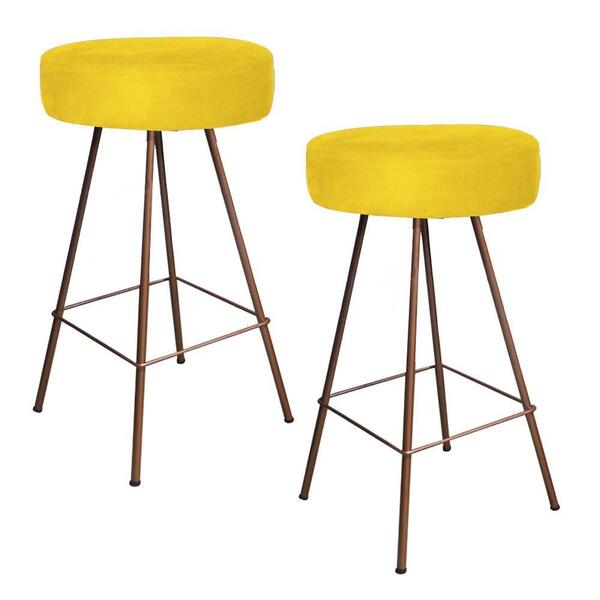 Kit 02 Banqueta Alta Laisa Ferro Bronze Corino Amarelo