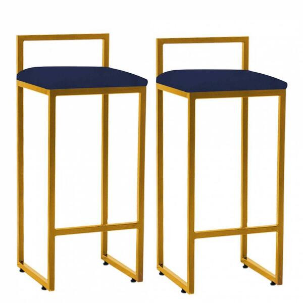 Kit 02 Banqueta Alta Lina Dourado Corino Azul Marinho