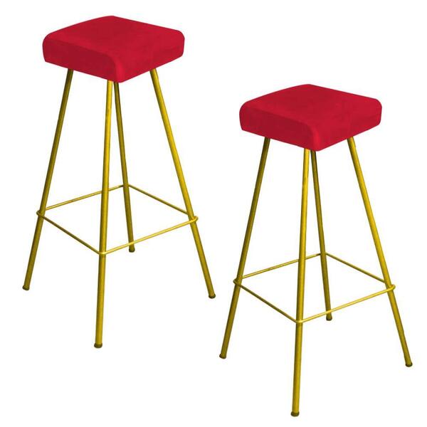 Kit 02 Banqueta Alta Lira Dourado Suede Vermelho