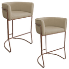 Kit 02 Banquetas Alta Com Encosto Betina Base Cobre Linho Beg