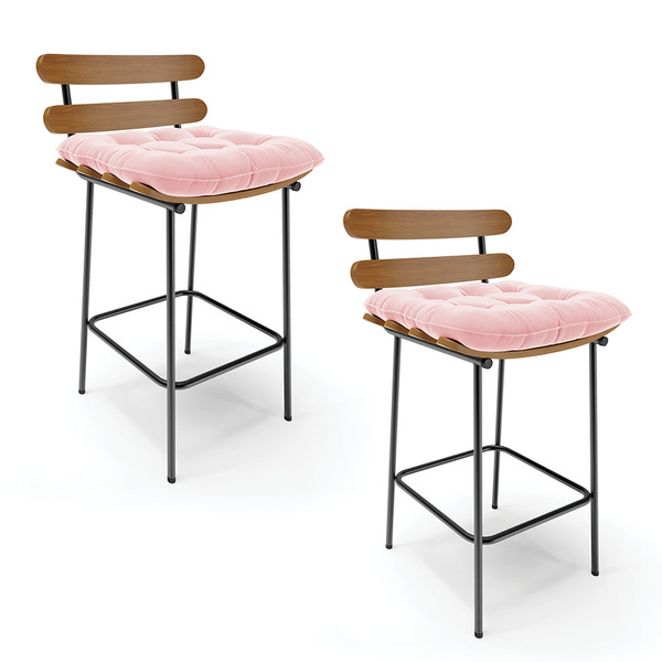 Kit 02 Banquetas Costela Suede Base Metálica Preto J01 - D'ro