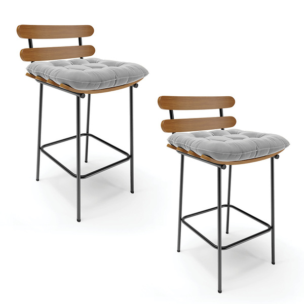 Kit 02 Banquetas Costela Suede Cinza Base Metálica Preto - D'