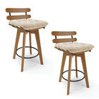 Kit 02 Banquetas Giratória Costela Suede Bege Base Madeira Ma