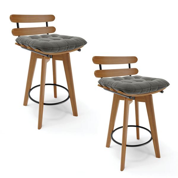 Kit 02 Banquetas Giratória Costela Suede Grafite Base Madeira