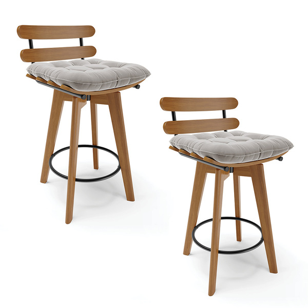Kit 02 Banquetas Giratória Costela Veludo Cinza Base Madeira
