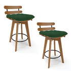 Kit 02 Banquetas Giratória Costela Veludo Verde Base Madeira