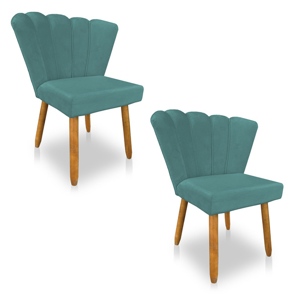 Kit 02 Cadeiras Poltrona Flor Veludo Azul Turquesa Pés Palito