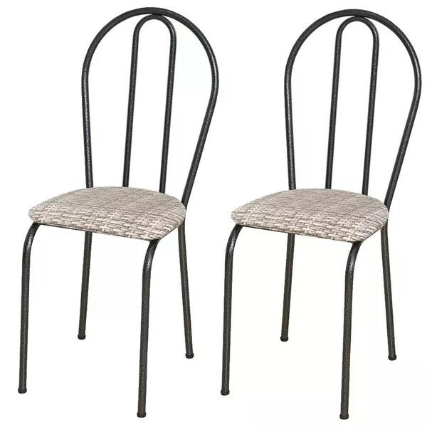 Kit 02 Cadeiras Tubular Cromo Preto 004 Assento Rattan