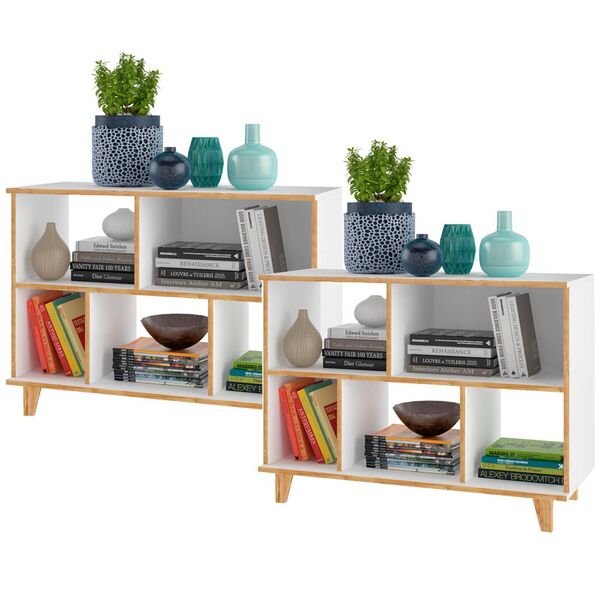 Kit 02 Livreiros Estante Painel Pés De Madeira Nara B03 Branc