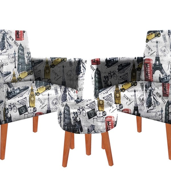 Kit 02 Poltrona Decorativa Nina + Puff Suede Paris Vermelho