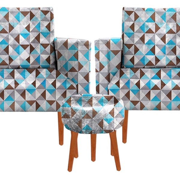 Kit 02 Poltrona Decorativa Nina + Puff Suede Triangulo Azul