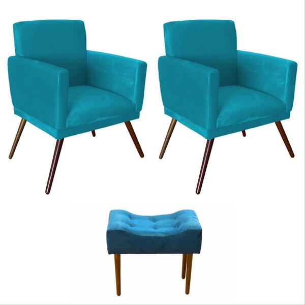 Kit 02 Poltrona Decorativa Nina Com Rodapé E Puff Retangular