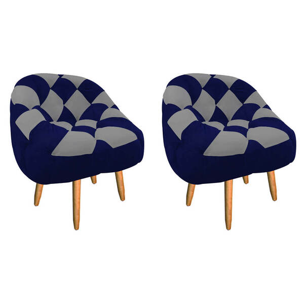 Kit 02 Poltrona Paloma Escritório Sala Pé Palito Suede Azul M