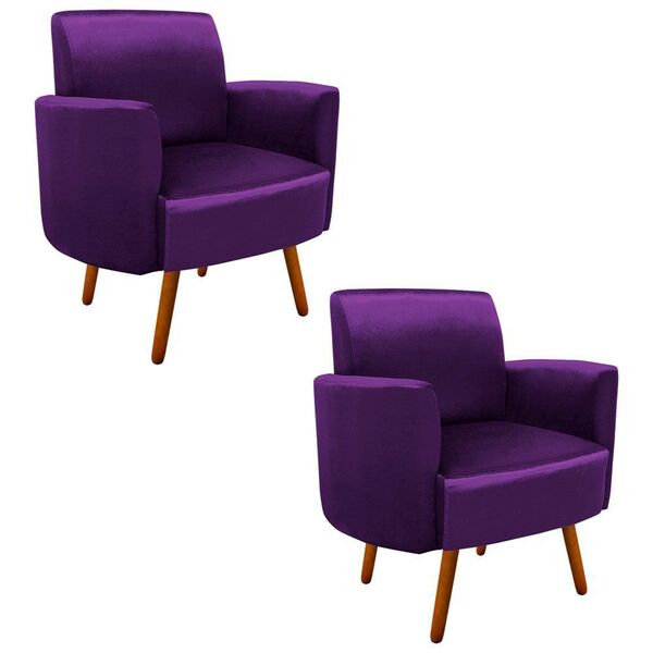 Kit 02 Poltronas Agatha Acetinado Roxo Pés Palito Castanho D'