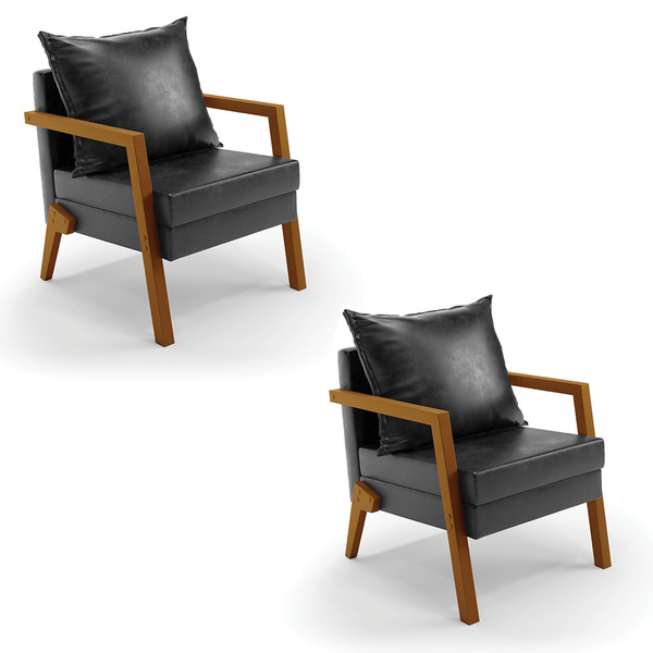 Kit 02 Poltronas Alice Corano Preto Base De Madeira D03 - D'r