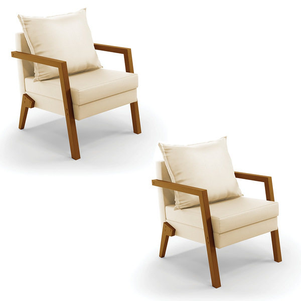 Kit 02 Poltronas Alice Corino Bege Base De Madeira D03 - D'ro