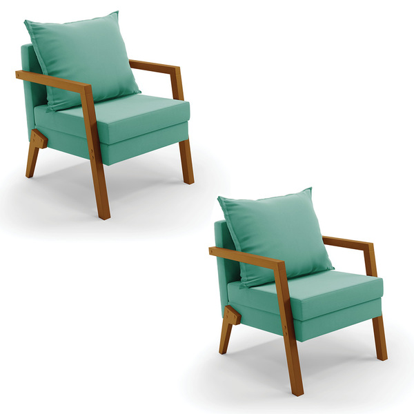 Kit 02 Poltronas Alice Suede Azul Turquesa Base De Madeira -