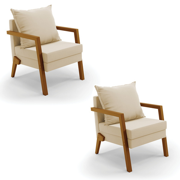 Kit 02 Poltronas Alice Suede Bege Base De Madeira D03 - D'ros