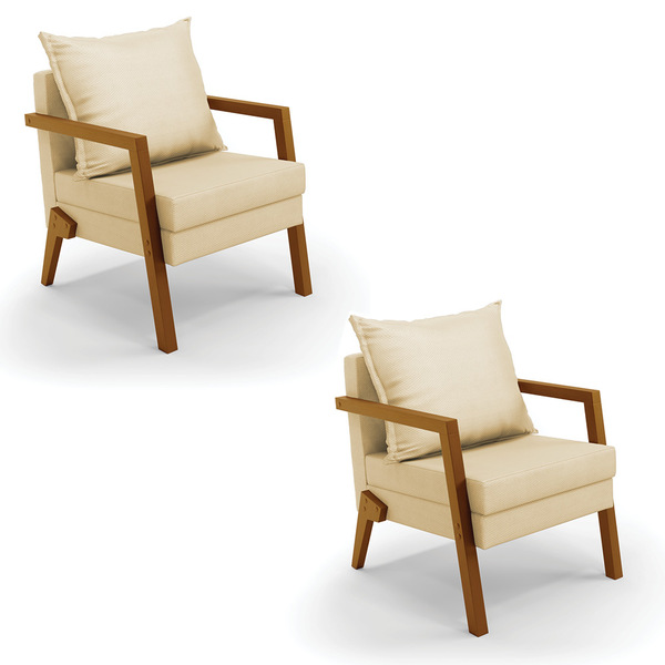 Kit 02 Poltronas Alice Veludo Luxo Off White A129 Base De Mad