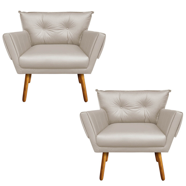 Kit 02 Poltronas Anitta Corino Bege Pés Palito Castanho D03 -