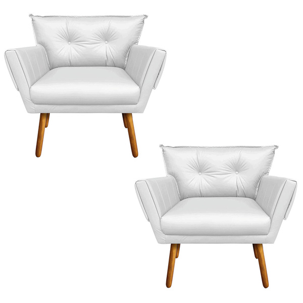 Kit 02 Poltronas Anitta Corino Branco Pés Palito Castanho D03