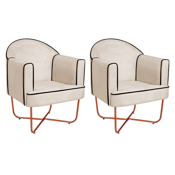 Kit 02 Poltronas Athena Base X Bronze Linho - Bege