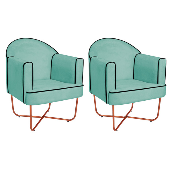 Kit 02 Poltronas Athena Base X Bronze Suede - Azul Tiffany