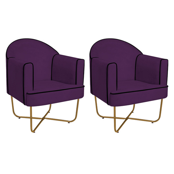 Kit 02 Poltronas Athena Base X Dourada Suede - Roxo