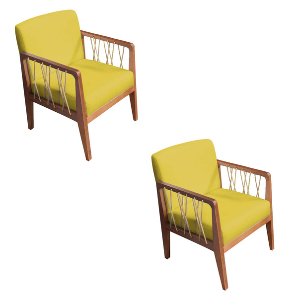 Kit 02 Poltronas Barcelona Suede Amarelo Com Corda Náutica Ch