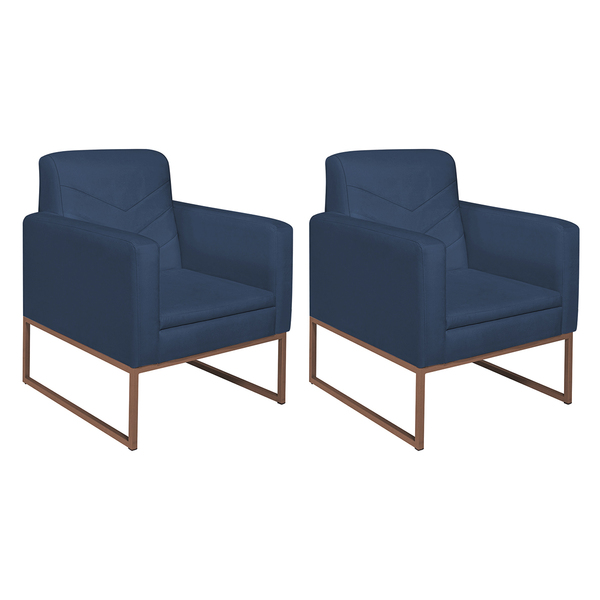 Kit 02 Poltronas Bella Base De Ferro Bronze Suede Azul Marinh