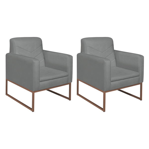 Kit 02 Poltronas Bella Base De Ferro Bronze Suede Cinza - Ama