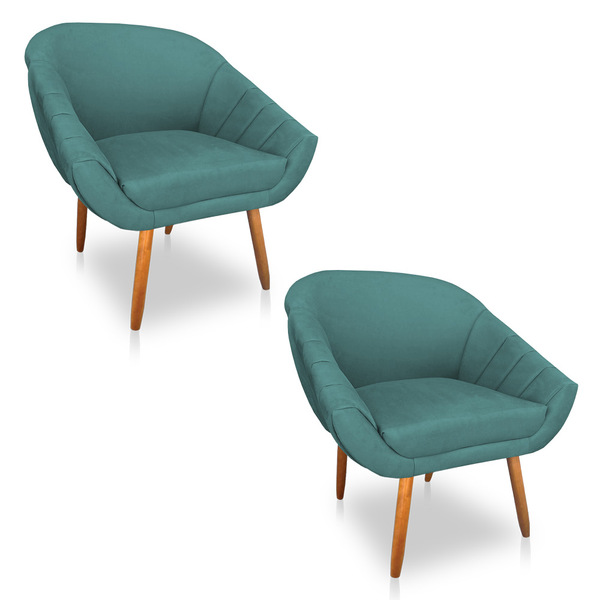 Kit 02 Poltronas Bianca Suede Azul Turquesa Pés Palito Castan