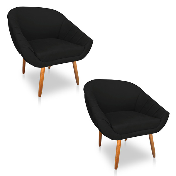 Kit 02 Poltronas Bianca Suede Preto Pés Palito Castanho - Pal