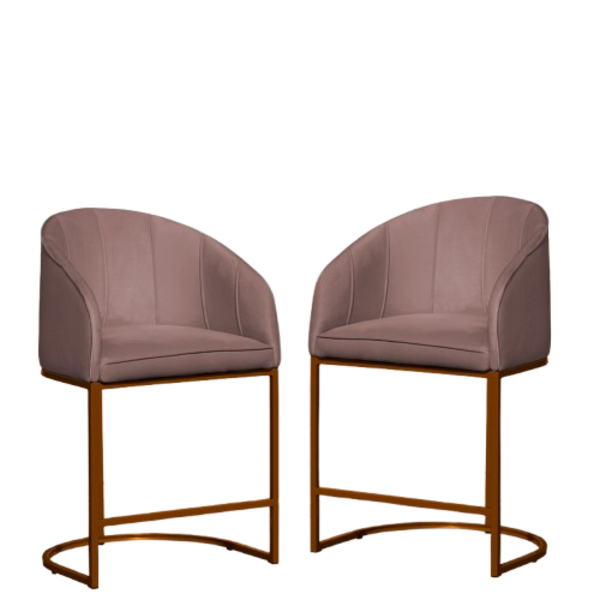 Kit 02 Poltronas Cadeira Banqueta Mia Base Bronze Veludo Rosê