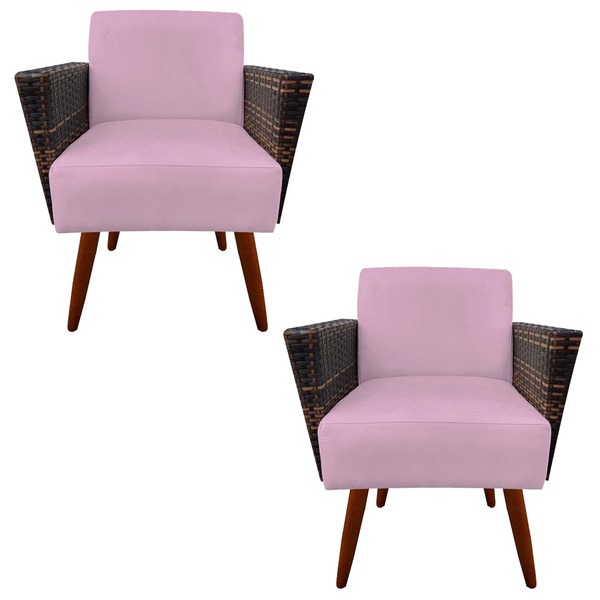 Kit 02 Poltronas Chanel Braça Tramada Pés Palito Suede Rosa B