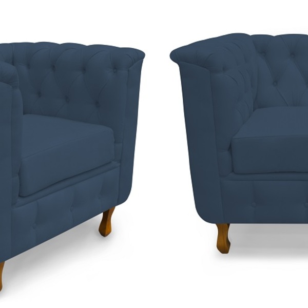 Kit 02 Poltronas Chesterfield Retro Capitonê Suede Azul Marin