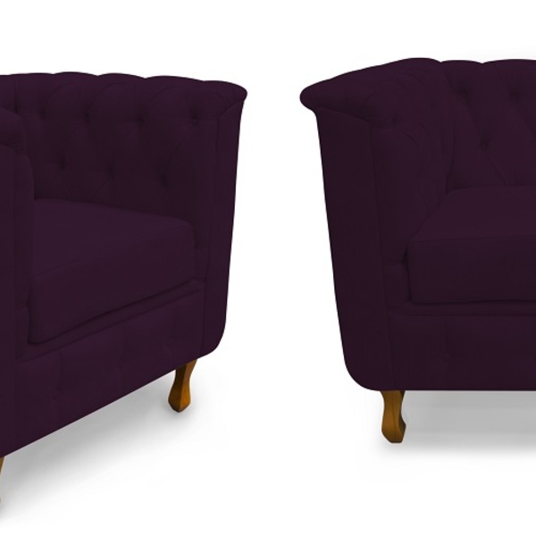 Kit 02 Poltronas Chesterfield Retro Capitonê Veludo Roxo - Me
