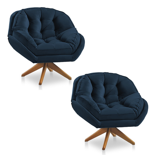 Kit 02 Poltronas Chicago Giratória Veludo Azul Marinho Base D