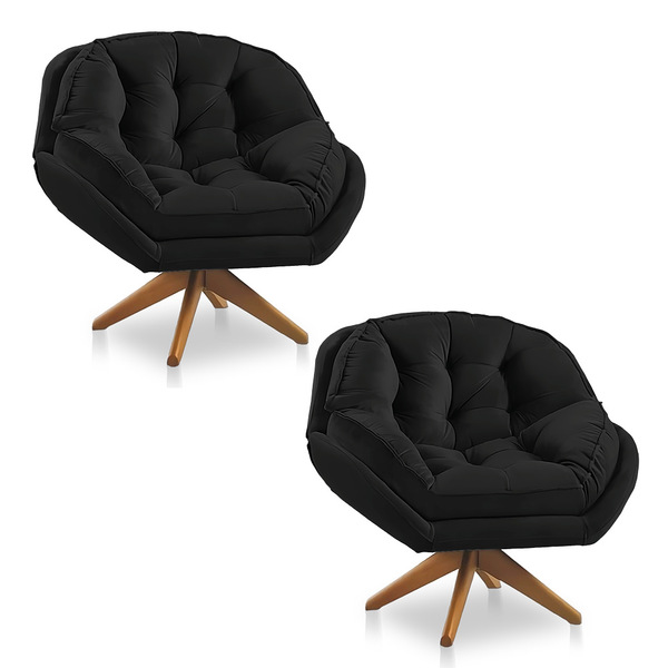 Kit 02 Poltronas Chicago Giratória Veludo Base De Madeira - P