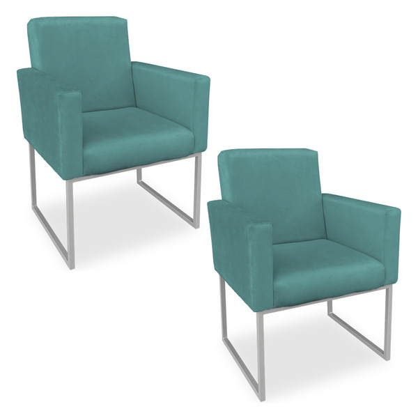 Kit 02 Poltronas Clarice Veludo Azul Turquesa Base Metálica I