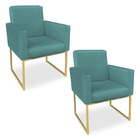 Kit 02 Poltronas Clarice Veludo Azul Turquesa Base Metálica I