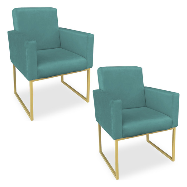 Kit 02 Poltronas Clarice Veludo Azul Turquesa Base Metálica I