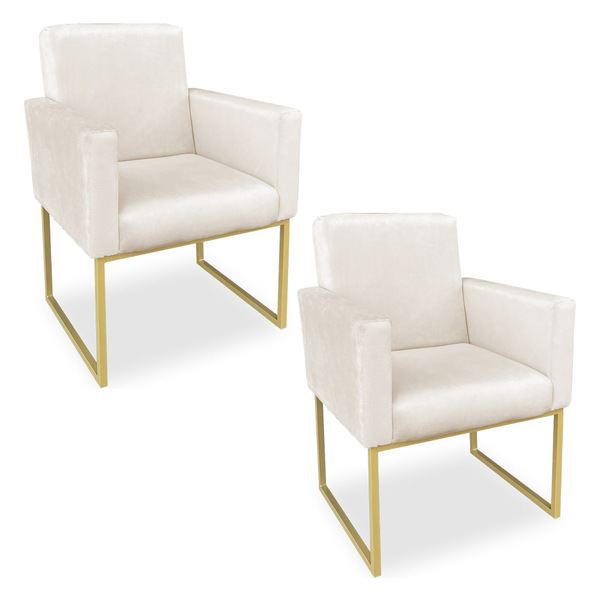 Kit 02 Poltronas Clarice Veludo Bege Base Metálica Industrial