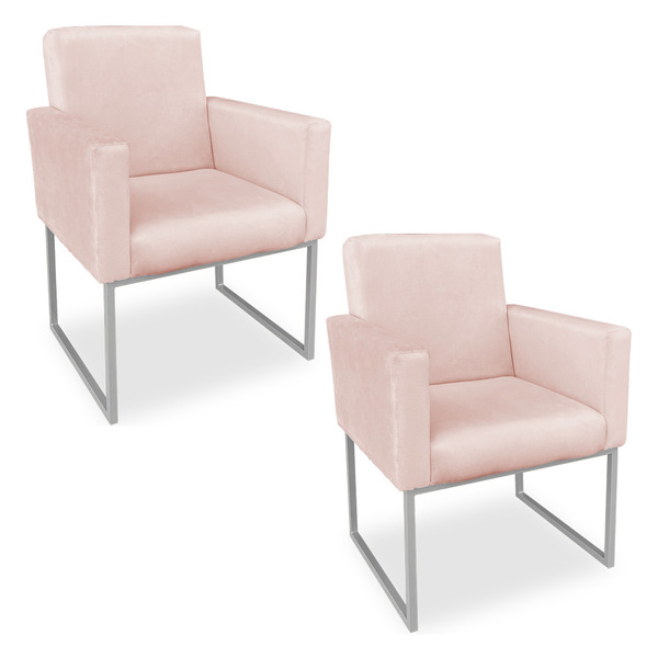 Kit 02 Poltronas Clarice Veludo Rosa Bebê Base Metálica Indus