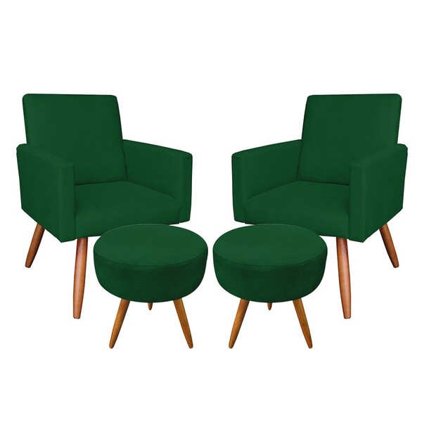 Kit 02 Poltronas Com 02 Puffs Larissa Suede Pés Palito Castan