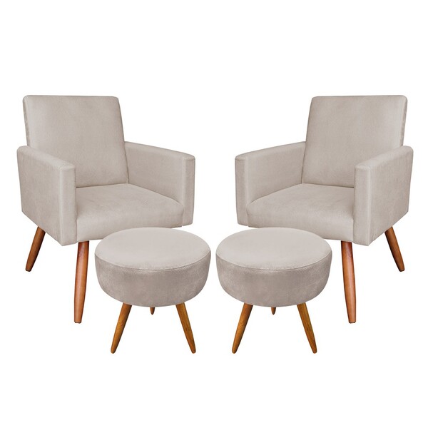 Kit 02 Poltronas Com 02 Puffs Larissa Suede Pés Palito Castan